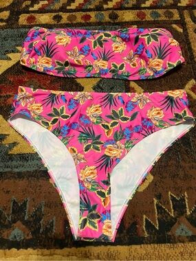 Woman’s Pink Floral Two-Piece Swimsuit - Bandeau Top & High Cut Bottoms
